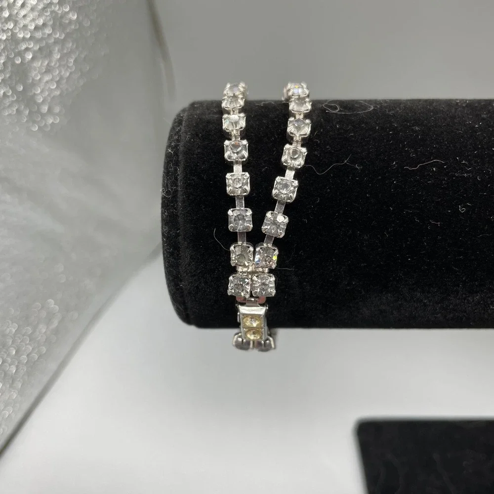 Vintage Double Strand Rhinestone Tennis Bracelet Marquise Center Silver Tone 7in